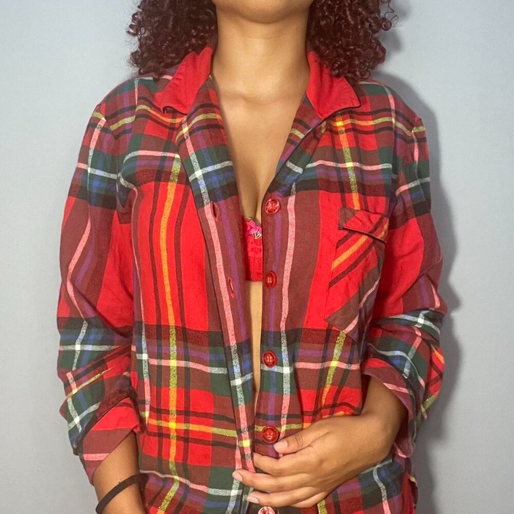 red flannel with green blue and gold stripes